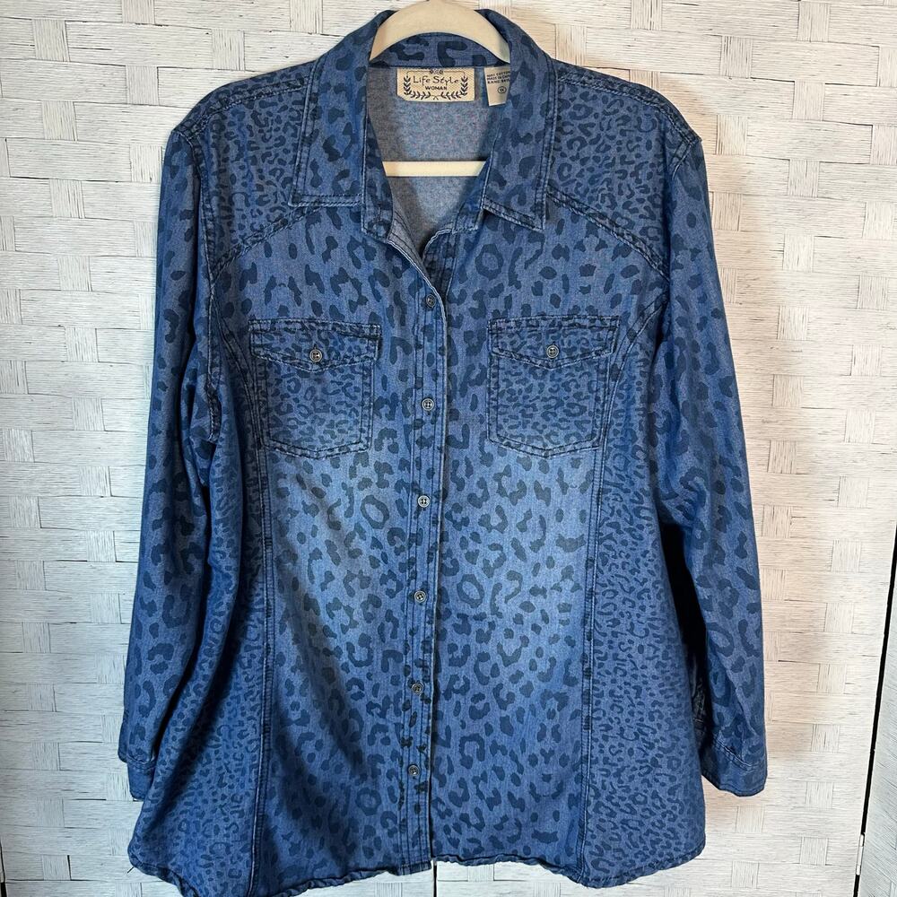 Life Style denim blouse button up blue animal print roll tab sleeve plus size